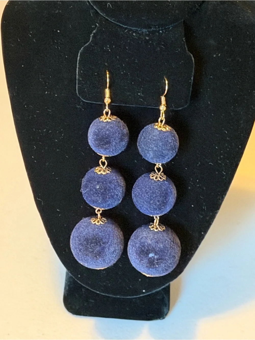 Velvet Navy Blue Ball Drop Dangle Earrings - Navy Blue